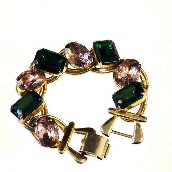 Mid-Century Clamper Bracelet Vintage Rhinestone Green Pink - Picture 3 of 9